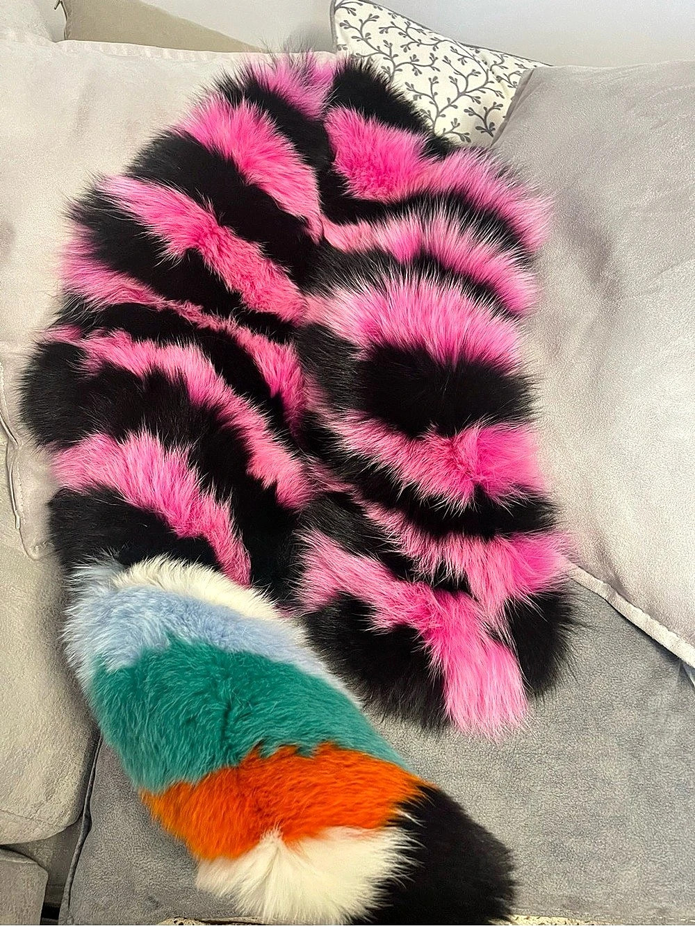 Fendi Multicolor Fox Fur Stole Pink & Black Silk Scarf nwt